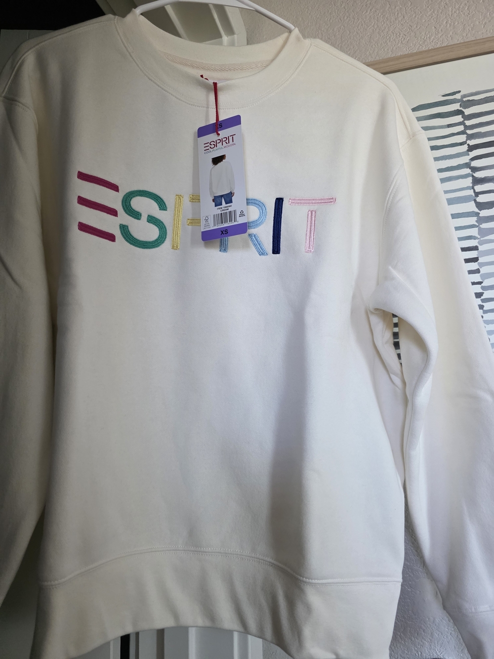 Esprit Cream Crewneck Sweatshirt with Multicolor Logo Stitching